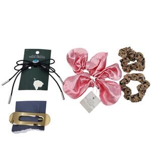Wild Fable Pink Satin Flower Scrunchie Set Hair Clips 5 Pieces